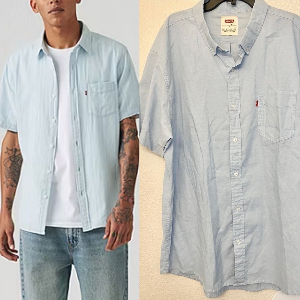 Levi’s Button Up short sleeve light blue mens collared Shirt cotton blend XL